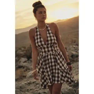 Gingham Plaid Ruffle Peplum V-Neck Halter Romper/Dress