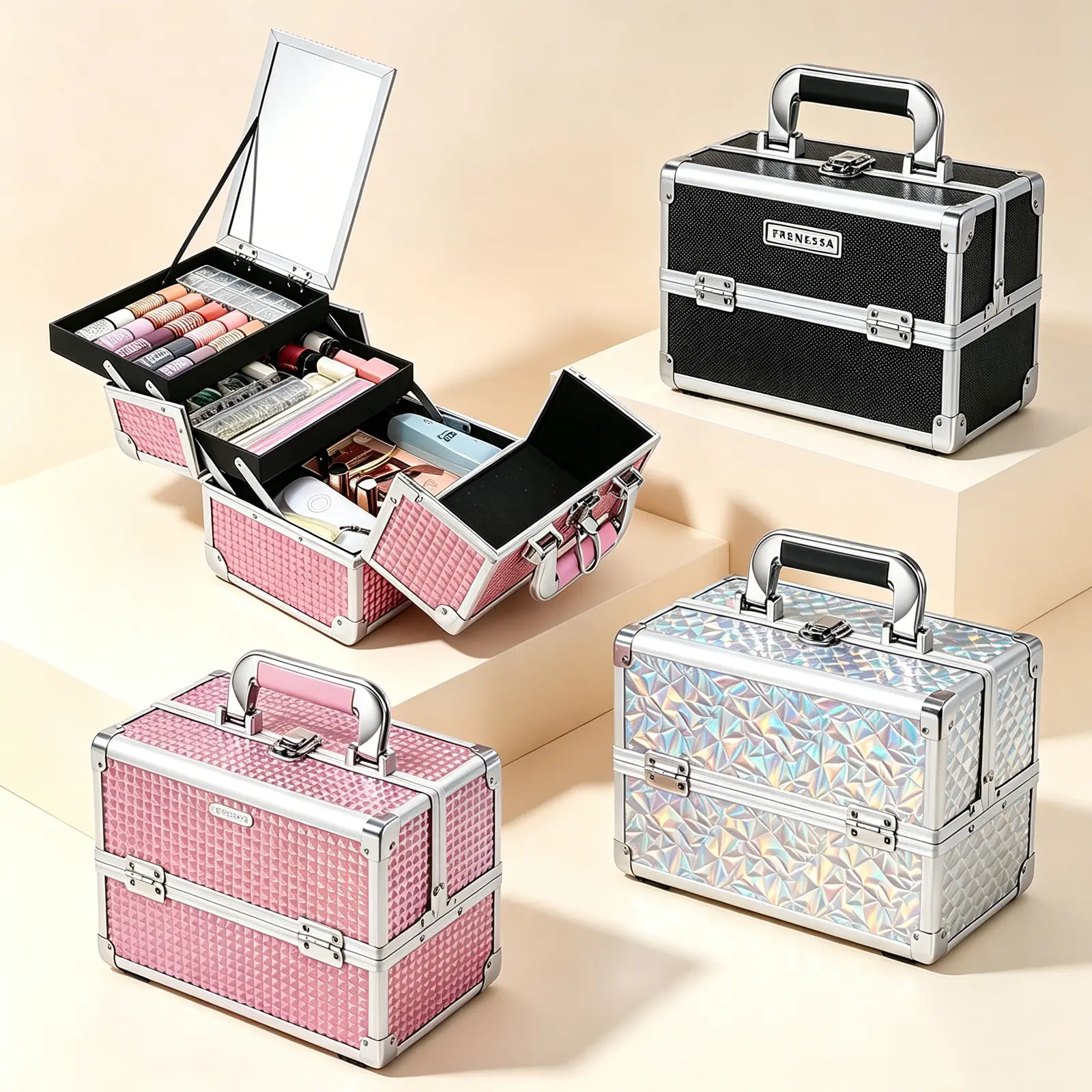 Portable Makeup Train Case with Mirror, Lock, 2 Trays & Secure ABS+Alum. Build - Large Waterproof Cosmetic Organizer Box for Carry, Makeup, Nail Supplies, Craft Tools
