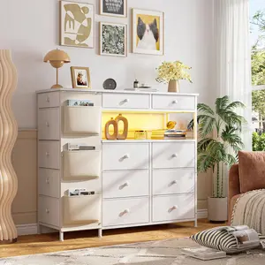 Raybee Wooden Storage Cabinet Dresser for Bedroom with 13 Deep Removable Drawers LED Lights Adjustable Feet & Side Pockets for Closet Organizer