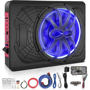 10 Inch 1200W Slim Under Seat Car Subwoofer with Built-in Amplifier & Blue LED Lights Mounting Kit for Enhanced Bass and Durable Performance