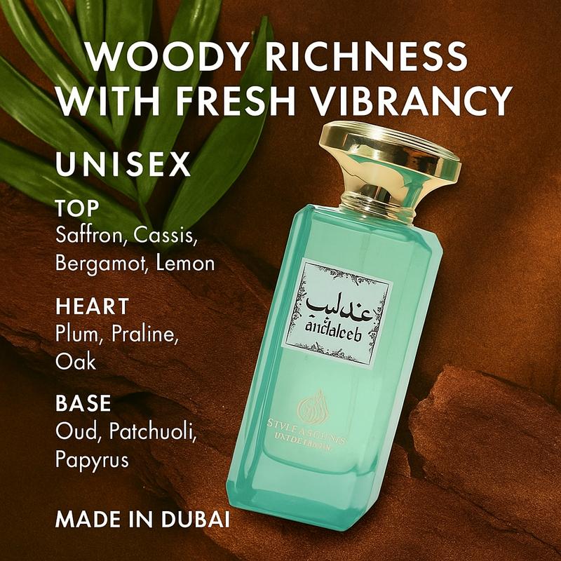 ANDALEEB Eau De Parfum Unisex Amber Woody Perfume with Saffron, Bergamot, Plum, Praline, Patchouli & Oud 100ml Spray, 20% Oil, 8 Hour Wear Bold, Balanced, Year-Round Scent for Men & Women Ideal for Day, Night & All Occasions Made in UAE (MDO015)