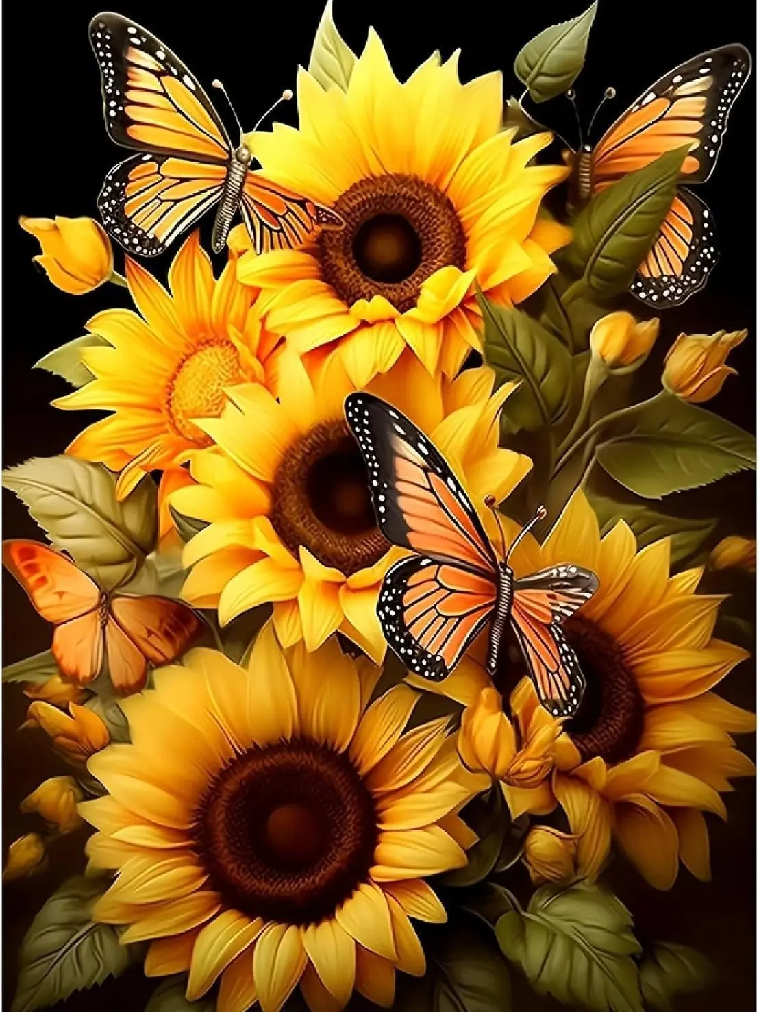 5D Diamond Painting Kit Bright Yellow Sunflower Bouquet Monarch Butterflies Green Leaves Dark Background Floral Botanical Nature Crystal Rhinestone Wall Decor Gift