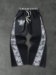 Men's Black Marble Print Track Pants, Gothic Crest Streetwear Casual Bottoms