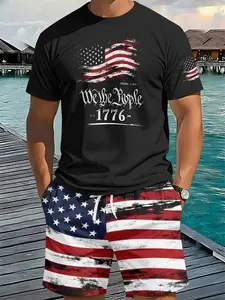 Vintage Star-Spangled Washed Men's 3D Digital Printed Two-piece Set, 2Pcs, Trendy Fashion Outfit, Stylish Retro Casual Two-piece Suit, Resort-style Trendy Wear, Breathable Sports Casual Style, Perfect Holiday Gift for Men