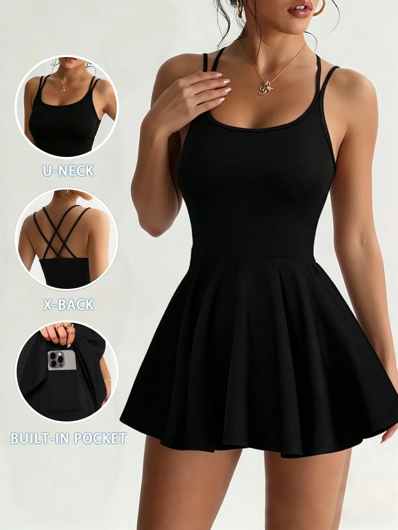 Sport dress with cross-back design and built-in pocket, U-neck slimming sports mini dress, suitable for fitness, pickleball, everyday wear, Tennis Dress, Active Dresses