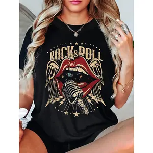 Women's ROCK & ROLL Rock Music T-Shirt - Short Sleeve Crew Neck Top with Rock Print, Casual Spring Summer Outfits for Concerts & Casual Attire, Machine Washable Rock Style Tee