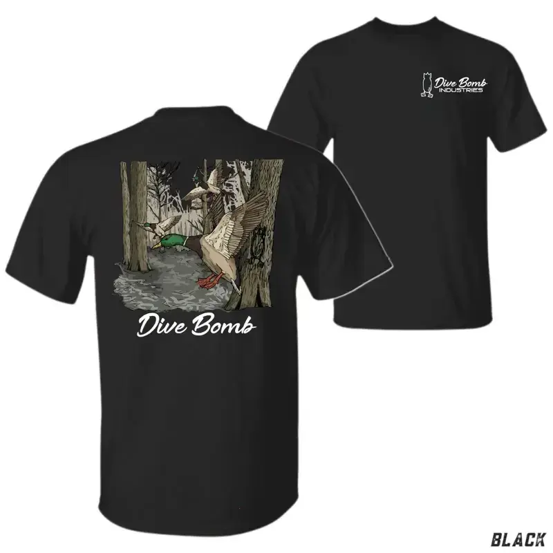 Unisex Regular Length Standard Fit Short-Sleeve Soft T-Shirt - Dive Bomb Logo, Duck Graphics, Duck Flock Forest Swamp Hunting Graphic, Outdoor Waterfowl Apparel, Country Style, Hunter Gift, Cold Wash - KitchenEra, Hiking / Light Outdoor, Sporty Sports Top