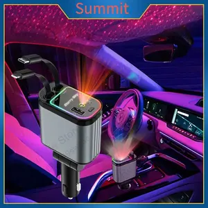 4 in 1 Retractable Car Charger with USB C Lightning Cable Starlight in Auto Roof Fast Charging for IPhone Samsung Phones
