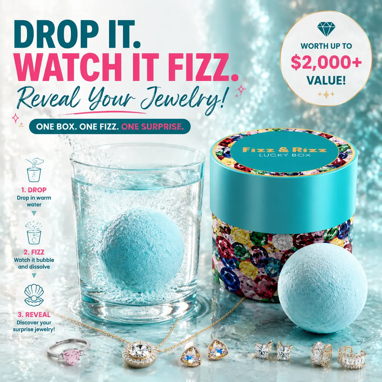 FizzandRizz by Yorkett Jewelry Mystery Box with Random Fine Jewelry Necklace Earrings Bracelet Charm Adjustable Ring Cute Surprise Fun Gift for Parties with Fizz Bomb Reveal Crystal Set Glamour Set