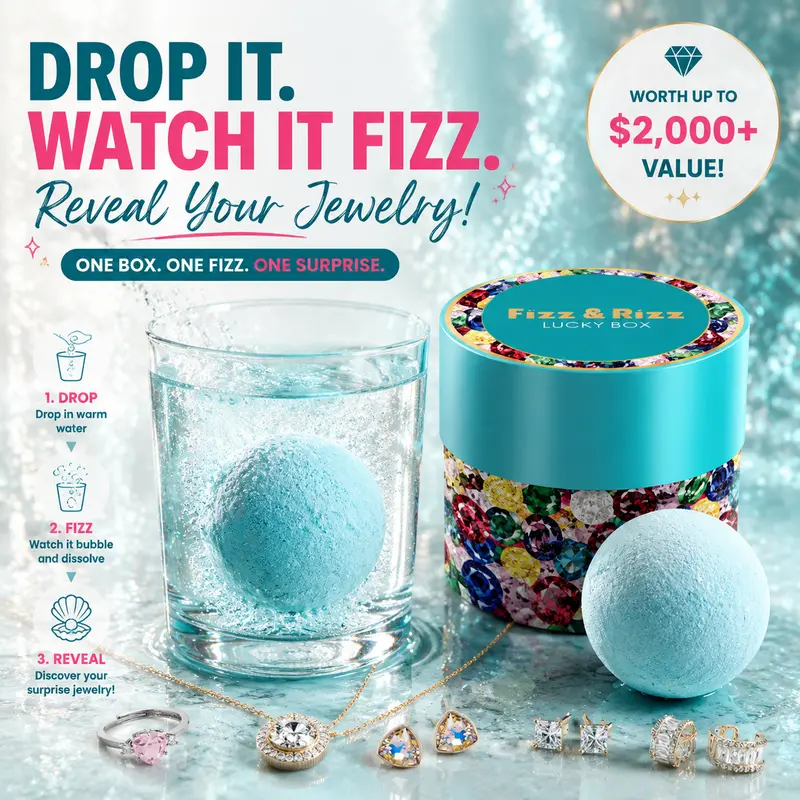 FizzandRizz by Yorkett Jewelry Mystery Box with Random Fine Jewelry Necklace Earrings Bracelet Charm Adjustable Ring Cute Surprise Fun Gift for Parties with Fizz Bomb Reveal Crystal Set Glamour Set
