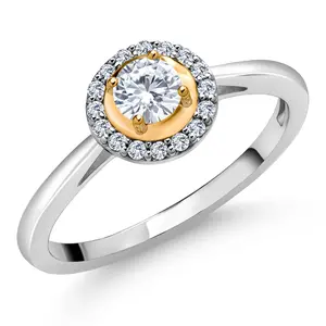 Gem Stone King 2 Tone 925 Sterling Silver and 10K Yellow Gold White Lab Grown Diamond Solitaire Engagement Ring For Women (0.38 Cttw, Round 4MM)