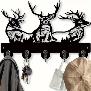 Deer-Shaped Key Hook Wall-Mounted Storage Rack, Animal Theme, 5 Metal Hooks, Rustproof Sturdy Hooks, Home Decor, Entryway, Hallway, Living Room, Office Storage