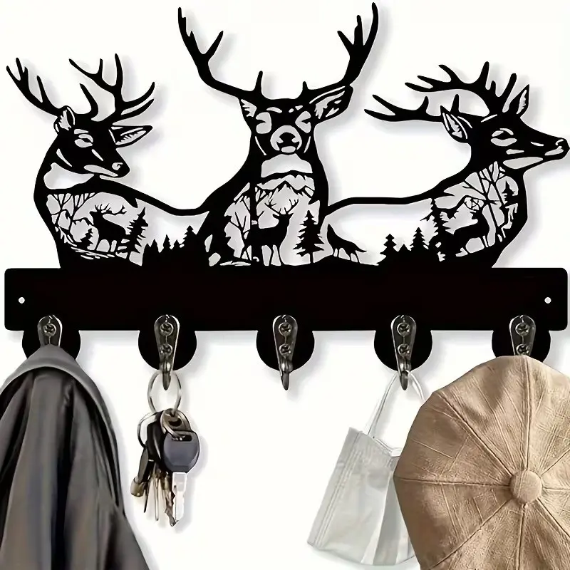 Deer-Shaped Key Hook Wall-Mounted Storage Rack, Animal Theme, 5 Metal Hooks, Rustproof Sturdy Hooks, Home Decor, Entryway, Hallway, Living Room, Office Storage, Wall Organizer