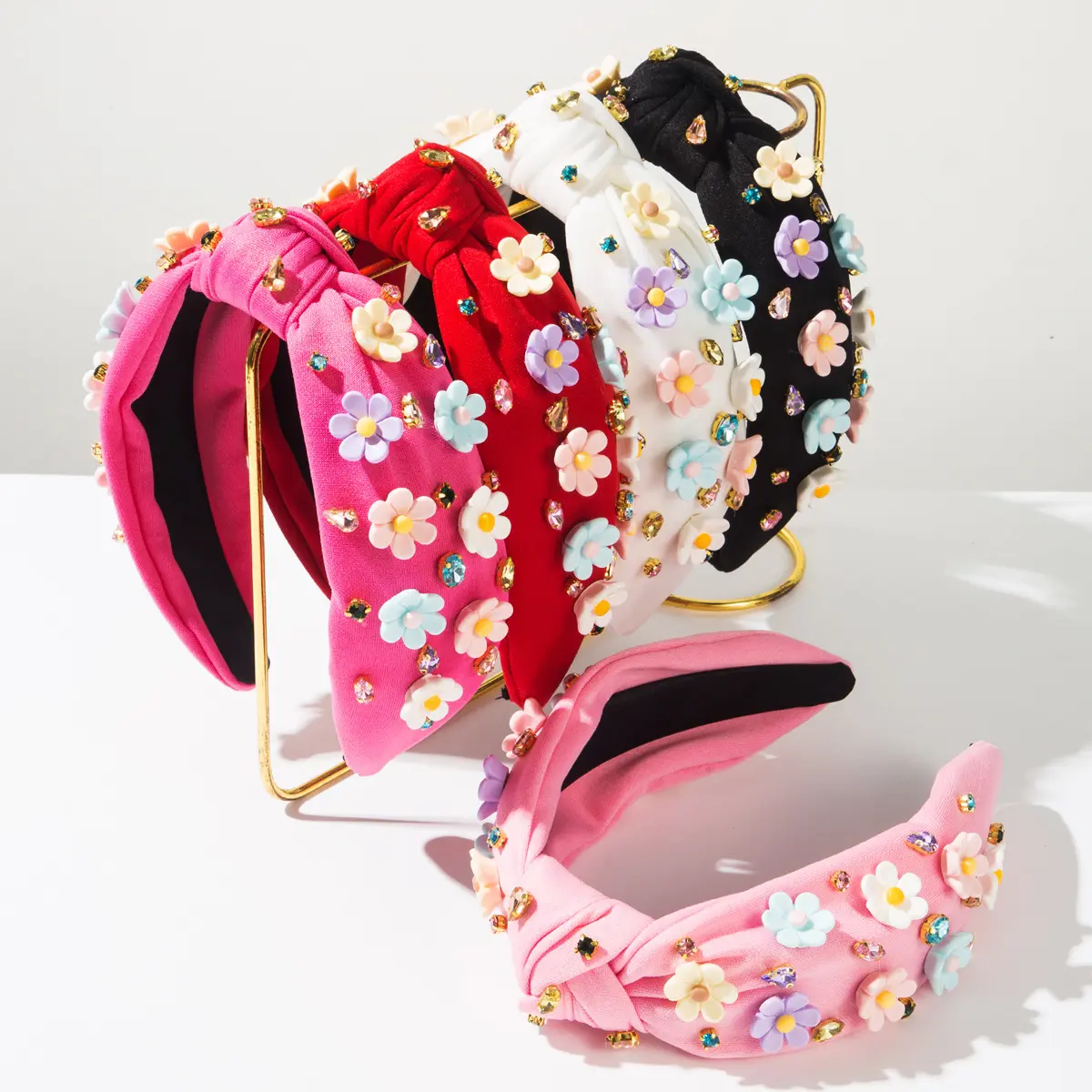 Flower Knotted Headbands for Women Girls, Sparkly Beaded Crystal Floral Headband, Wide Top Knot Fancy Embellished Hairband, Fashion Girls Spring Summer Hair Accessories