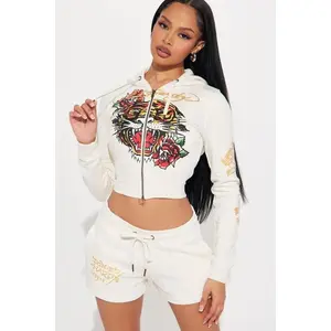 Ed Hardy Tiger Head Zip Front Hoodie - Ivory Z