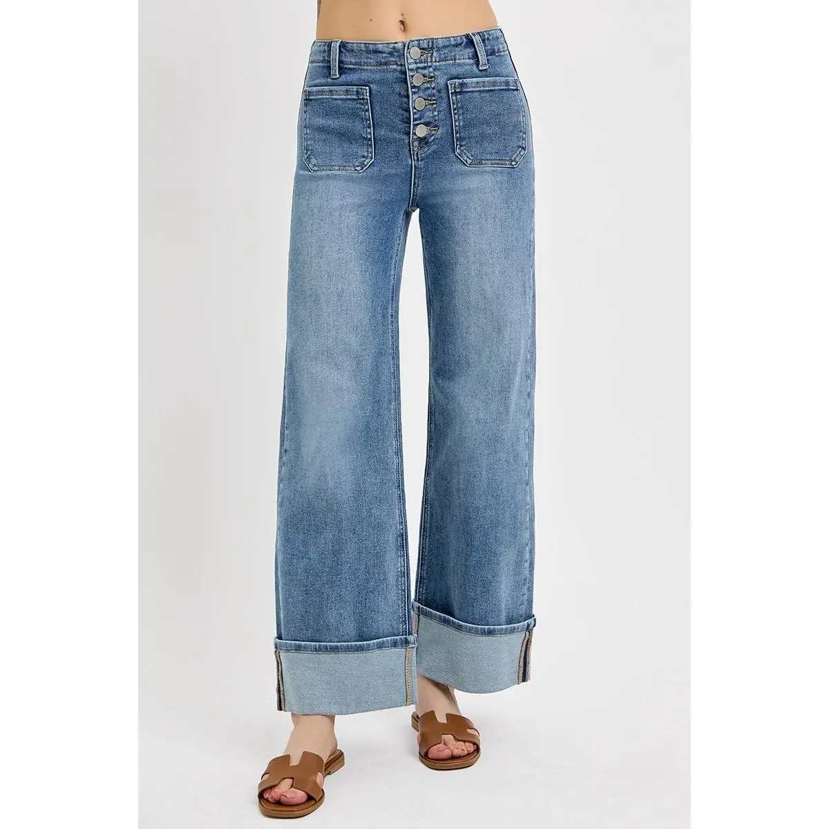 RISEN High Rise Ankle Wide Button Patch Pocket Cuffed Jeans