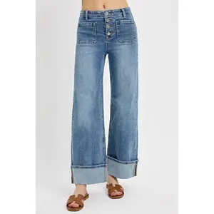 RISEN High Rise Ankle Wide Button Patch Pocket Cuffed Jeans