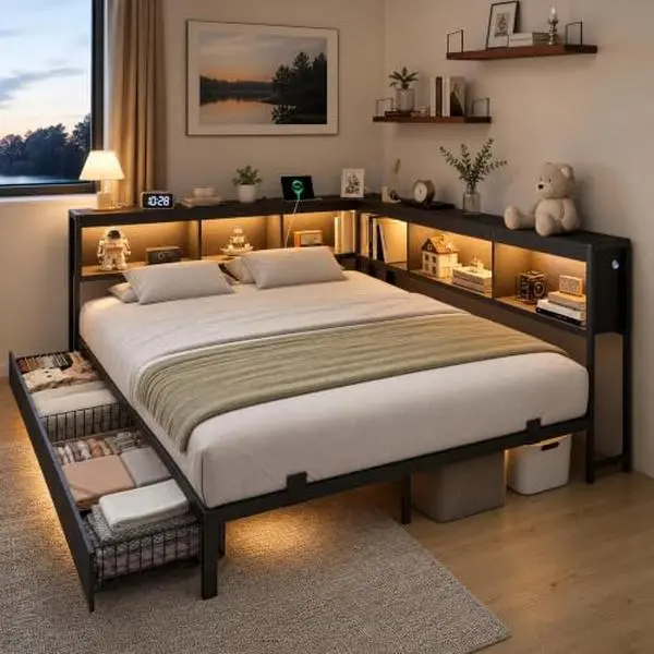 Full Corner Daybed Frame with 2 Storage Drawers, Bookcase Headboard with Charging Station, RGB LED Lights, Reversible Headboard, Wood Bed Frame, No Box Spring Needed, Black