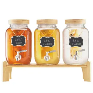 fathersdaygift VEVOR Beverage Dispenser, 3 Pack 1 Gallon Drink Dispensers for Parties, Glass Juice Dispenser with Wood Stand, Stainless Steel Spigot, Infuser, Iced Tea Lemonade Juice Water Dispensers for Parties