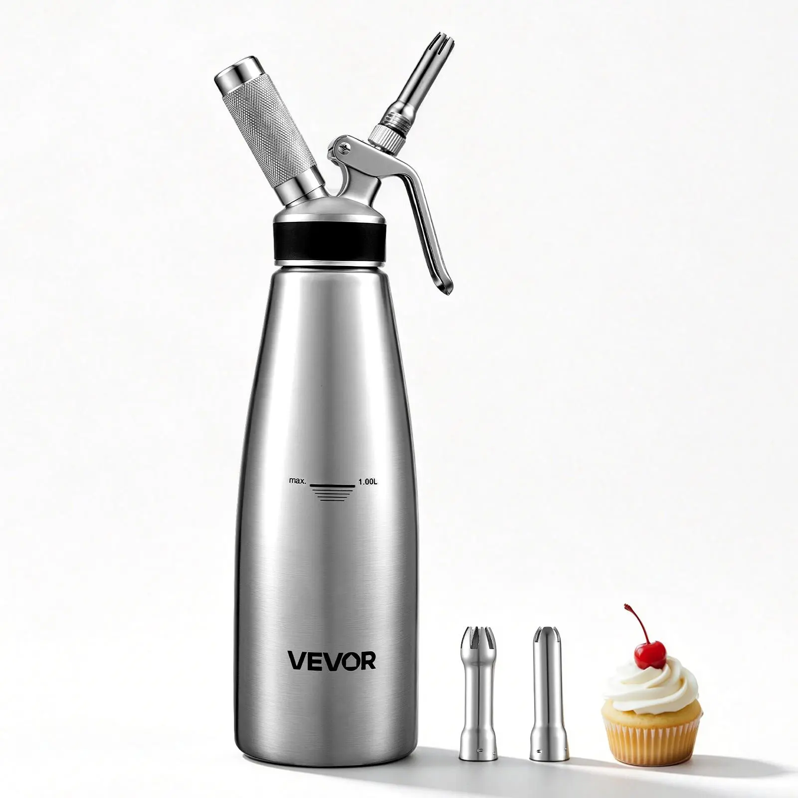 VEVOR Professional 304 Stainless Steel Whipped Cream Dispenser 1000ml, Leak-Free Whipped Cream Maker, Whip Cream Canister with 3 Decorating Nozzles & Cleaning Brush, N₂O Chargers (Not Included)