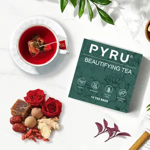 Pyru Beautifying Tea - 12-Pack | Herbal Blend with Goji Berries, Red Dates, Longan, Dried Ginger & Double-Petaled Red Roses | Pure Ingredients for Your Wellness