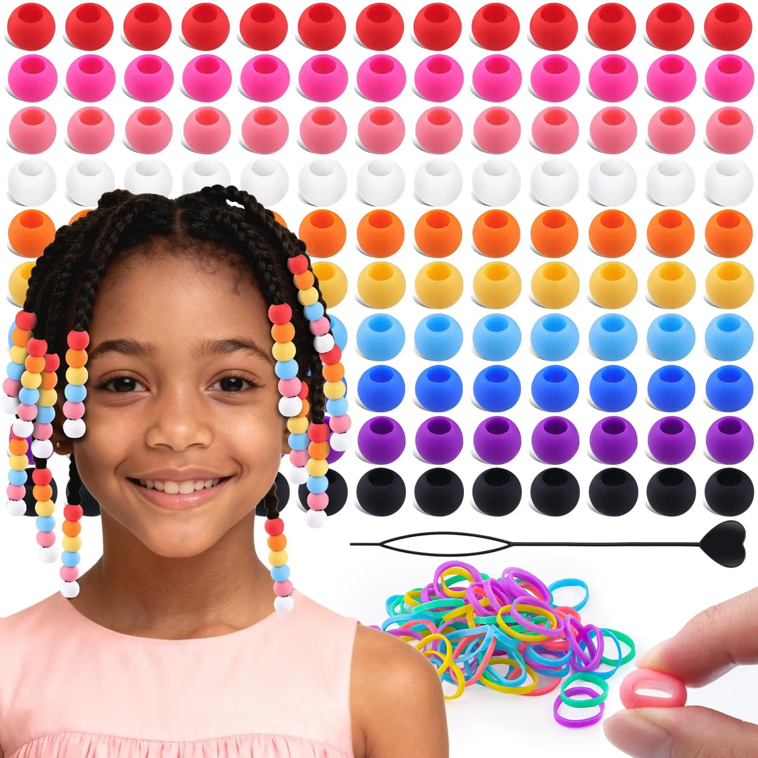 120Pcs 14mm Multicolor Large Silicone Hair Beads | Soft Jellyish Pony Beads for Hair with 7mm Hole + 50 Rubber Bands and 1 Beader for Braiding DIY Bracelets Necklaces Crafts