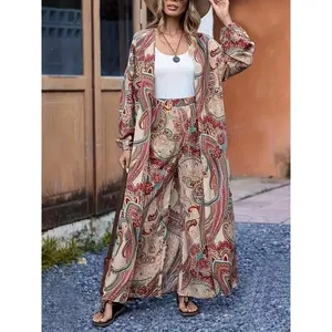 Targeted Traffic Model Women's Persian Brocade Print Open Front Jacket and Pants Set - Elegant, Unique, Comfortable