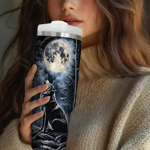 Wolf Pattern Vacuum Flask, 1 Count 30oz Stainless Steel Insulated Water Bottle with Straw & Lid, Portable Travel Drinking Cup for Outdoor, Tumbler, Drinkware, Drinkware Stylish Flasks