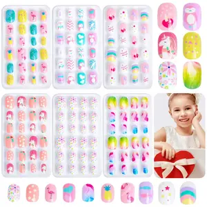 Cute Design Acrylic Nail Art Stickers, Short Oval Full Coverage Fake Nails Set, Stick On Nails, 6 Packs (144 Pieces), Perfect Gift for Kids & Adults