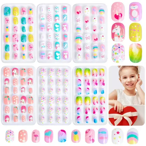 Cute Design Acrylic Nail Art Stickers, Short Oval Full Coverage Fake Nails Set, Decorative Nails, Stick On Nails, 6 Packs (144 Pieces), Nail Art Products, Perfect Gift for Kids & Adults