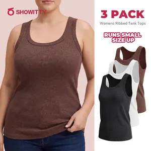 SHOWITTY Womens Ribbed Tank Tops 3 Pack – Crew Neck Sleeveless Basic Shirts, Soft Stretch Polyester Cami Tops for Layering and Everyday Wear #Summervibes