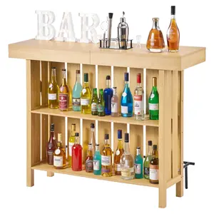 VEVOR Home Bar Unit, Wine Bar Cabinet Table 3-Tier with Storage Shelves, Opener Storage Box & Adjustable Foot Pads, Black Footrest, Wood & Metal Liquor Cabinet for Home, Basement, Kitchen, Living Roo