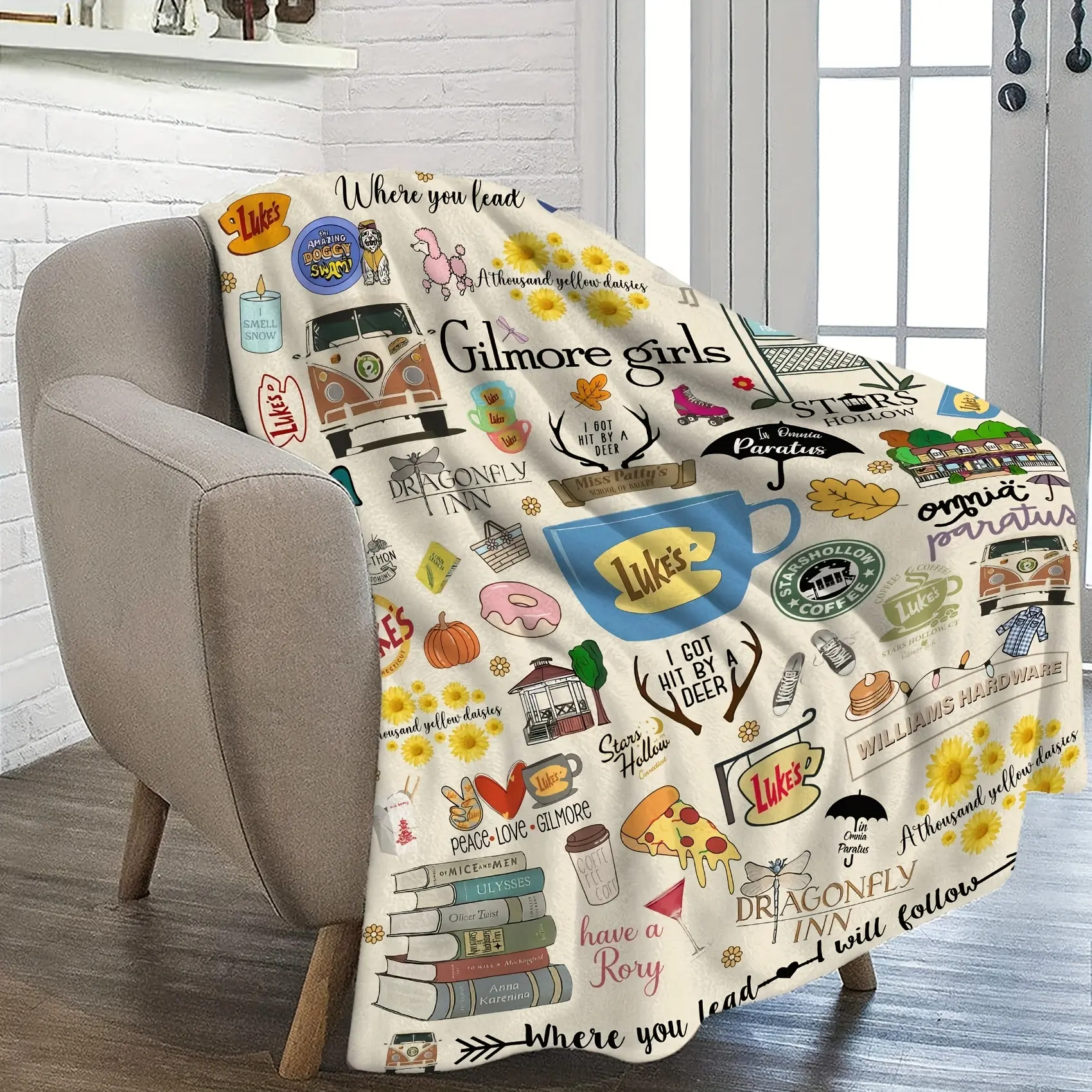 1pc Classic Retro Gilmore Girls Print Flannel Throw Blanket - 280GSM Ultra-Soft, Luke's Diner, Stars Hollow, Where You Lead Quotes, Durable, Wrinkle Resistant, Fade Resistant, All Seasons Couch/Bed Decor, Machine Washable Home Textile Accessory, Throw Bla