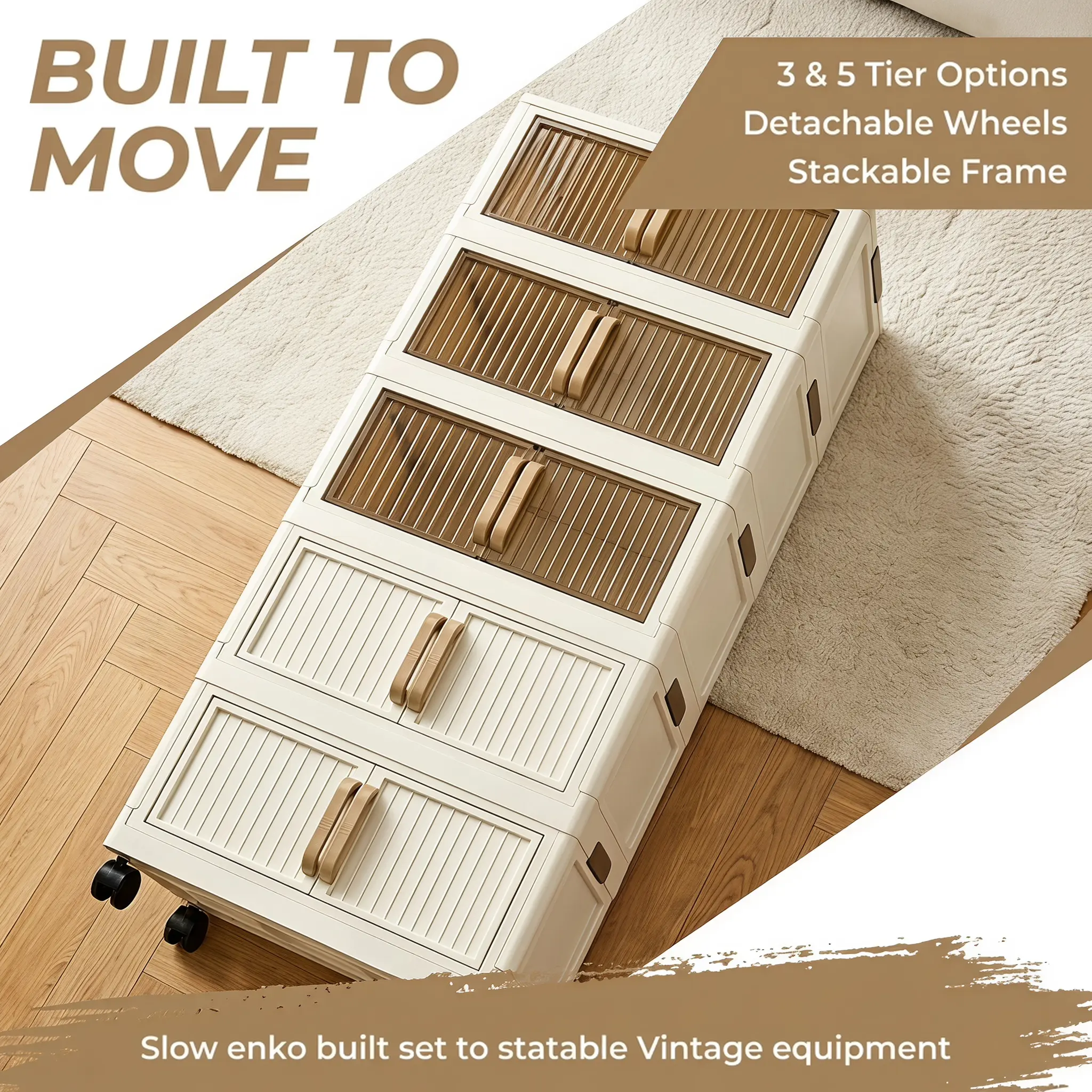 Foldable Plastic Storage Cabinet with Wheels, Stackable 3/5 Tier Storage Organizer with Flip Doors, Mobile Closet Storage Bins for Clothes, Bedding, Bedroom Wardrobe