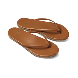 beek SUNBEAM Tan Leather Flip-Flop Sandals for Women Square Toe Summer Wear Memory Foam Insole Rubber Outsole Classic Style Straps Thin Heel Plain Pattern Walking Shoes