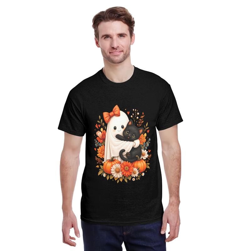 Men's Short-Sleeve Casual Soft Cotton T-Shirt - Festive Spooky Halloween Cute Ghost, Cat, Pumpkin, Floral Bow Design, Playful Look Party Top