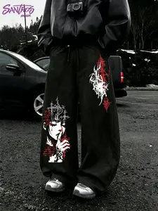 Unisex Black & Grey Wide Leg Sweatpants with Dark Alt Figure & Spider Print Streetwear Pants