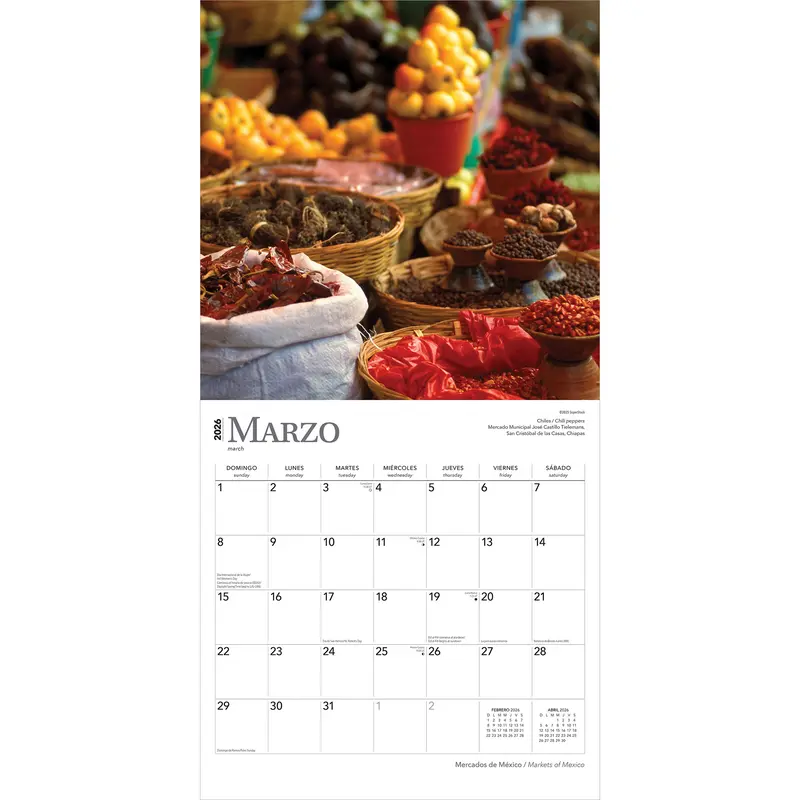 Mercados de Mexico | Markets of Mexico | 2026 12 x 24 Inch (Hanging) Monthly Square Wall Calendar | English/Spanish Bilingual | Plastic-Free | BrownTrout | Clothes Toys Food Shopping 2
