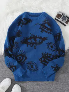 Men's Abstract Eye Pattern Knit Sweater, Round Neck Long Sleeve Pullover, Regular Fit, Perfect for Fall & Winter Seasons
