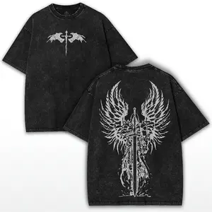 valentine shirts Oversized Angel Sword Graphic Tee: Vintage Washed Heavy Cotton Faithcore Shirt
