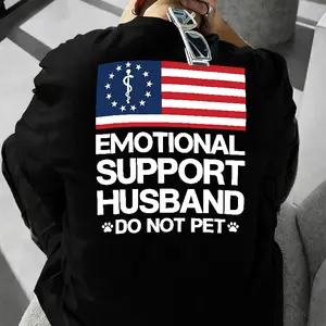 Emotional Support Husband Do Not Pet' USA Flag Funny Print T-shirt Couple Humor Style Casual Top