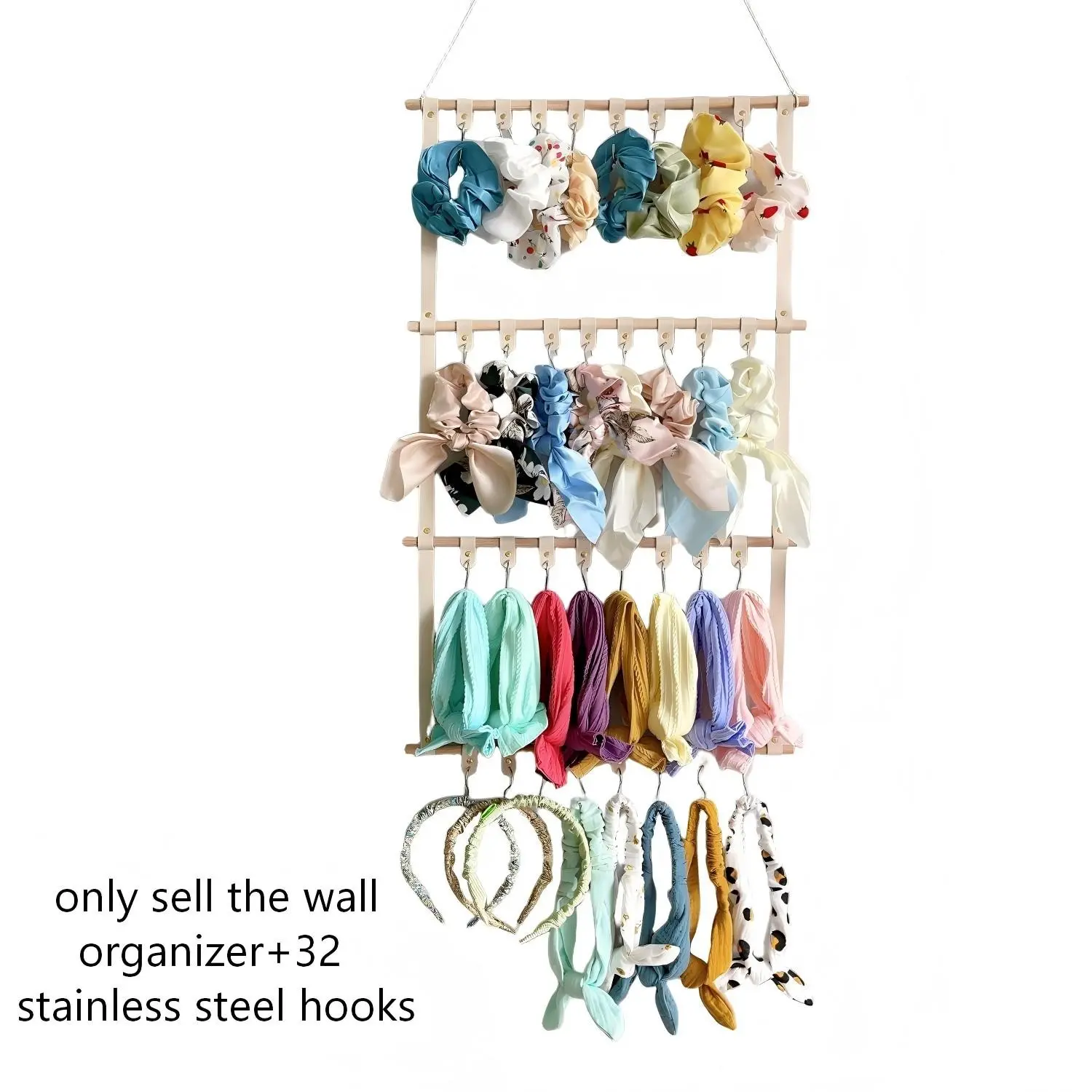 Wooden Hair Accessory Storage Rack, Wall-Mounted Organizer Hooks for Headbands and Hair Clips, Clip Holder, Multi-Purpose Decorative Shelf for Bedroom, Living Room, Study