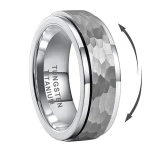 Yonifu Luxury Rotatable Tungsten 8mm Hammered Wedding Band Scratch-Resistant Carbide Comfort Fit Durable Promise Ring Gift for Him