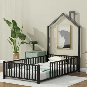 Twin Size Floor Bed Metal House Platform Bed Frame with Guardrail and Chimney