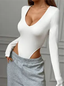 Fashion Women's V-Neck Long Sleeve Knit Fitted Basic Bodysuit Womenswear, Suitable for Home, Sports, Work, Shopping, Gatherings and Bars.