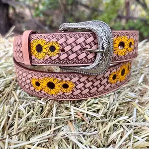 Sunflower Leather Belt for Women - Handcrafted Authentic Leather with Removable Cowgirl Buckle, 1.25 Inch Width, Yellow Sunflower Pattern