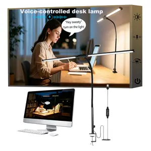 Voice-Activated Led Desk Lamp for Office Home Room Eye Caring Architect lamp with Clamp and Voice-Activated Custom Color Temperature Pole Dual Screen Computer Monitor Work Smart Light