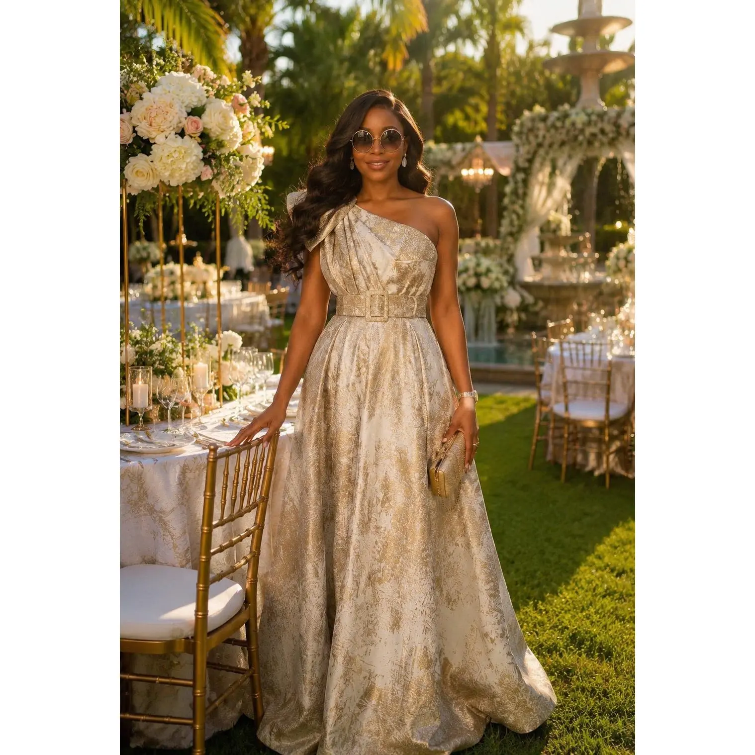 Gold One-Shoulder Twirl A-Line Dress for Summer Wedding Guest Mother of The Bride Birthday Dinner Cocktail Party Outfit