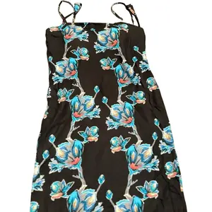 Korean Silk Short Kurtha with Blue Floral Design on Black Fabric