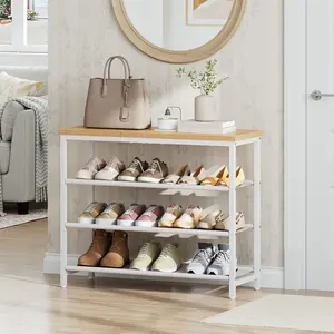 HOOBRO Shoe Rack with 3 PU Shelves, 4-Tier Shoe Storage Organizer for Closet and Entryway, Holds 9-12 Pairs of Shoes, Sturdy Metal Frame, Small Spaces, White and Natural#SpringSale #BigSpringSale